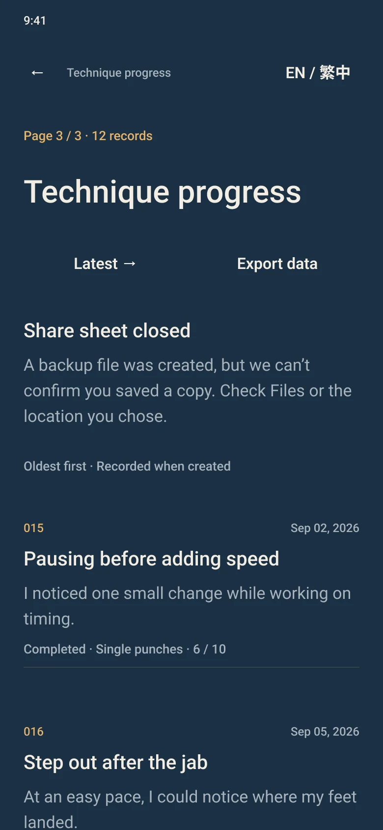 Interface design: the notice shown when the app can’t confirm an export was saved.