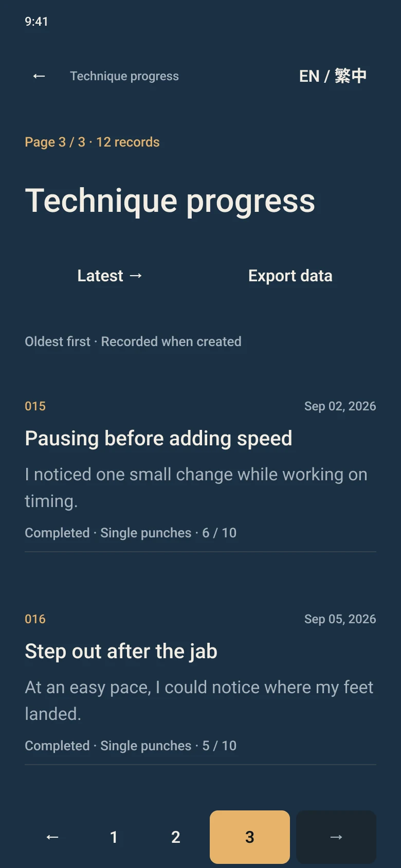 Interface design: Technique progress, listing sessions oldest-first.